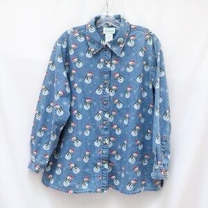 Vintage women's denim shirt button-down snowman Christmas winter 1X snow blue